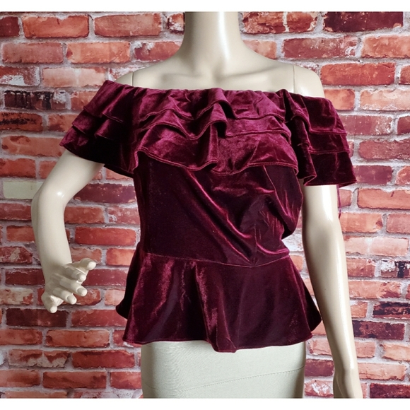 Aqua Red Velvet Ruffled Off Shoulder Top Medium - Picture 2 of 4
